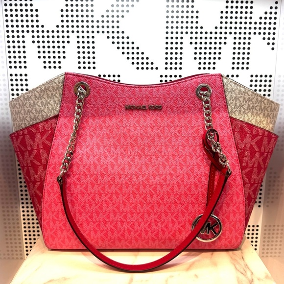 Michael Kors LG Jet Set Color-Block Signature Logo Shoulder Bag Dark Raspberry - Picture 3 of 11